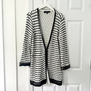 St. John Black White Open Knit Swirl Textured Hook Closure Long Cardigan Large